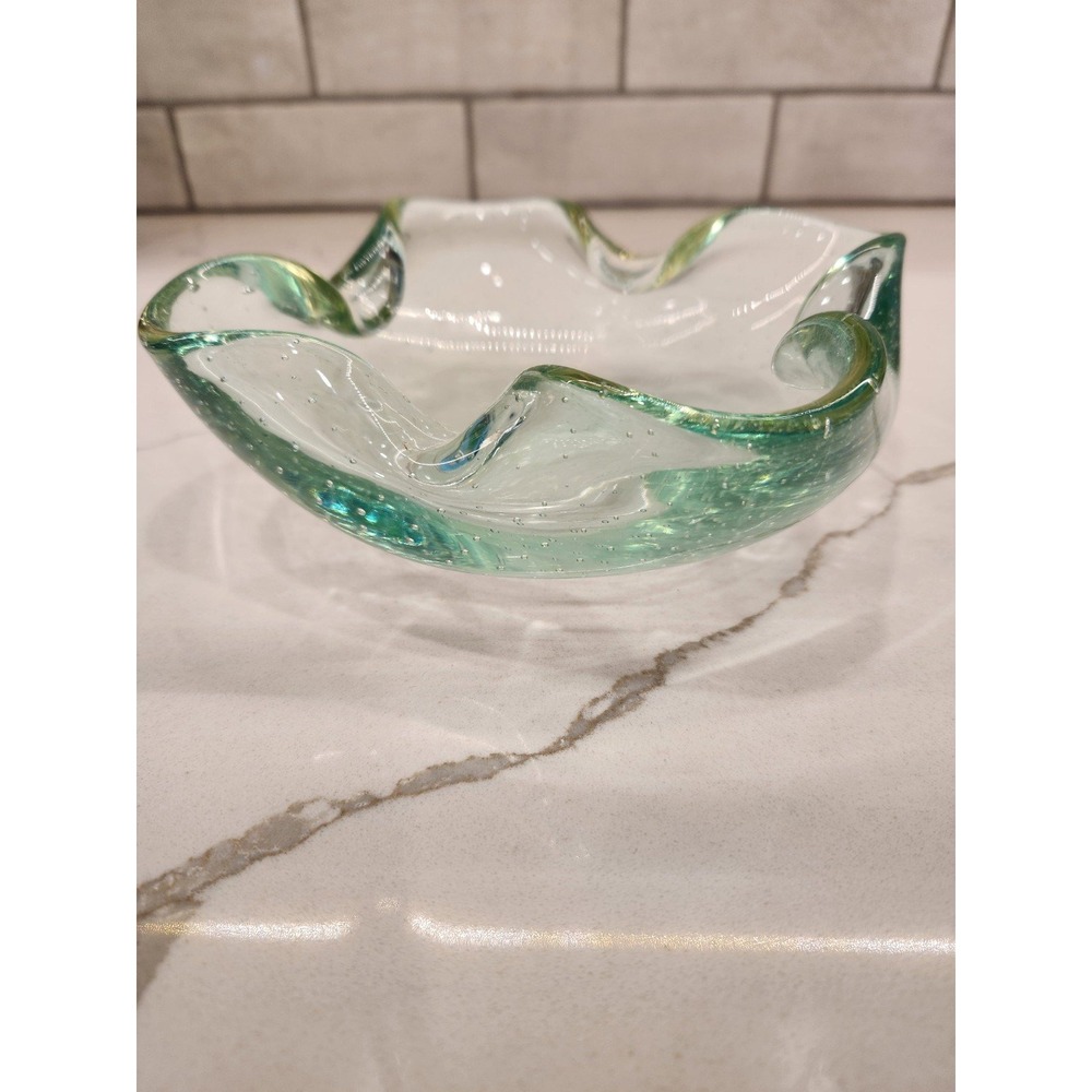 Murano Green Bullicante Art Glass Bowl‎ Ashtray Trinket Dish Hand Blown Bubbles
